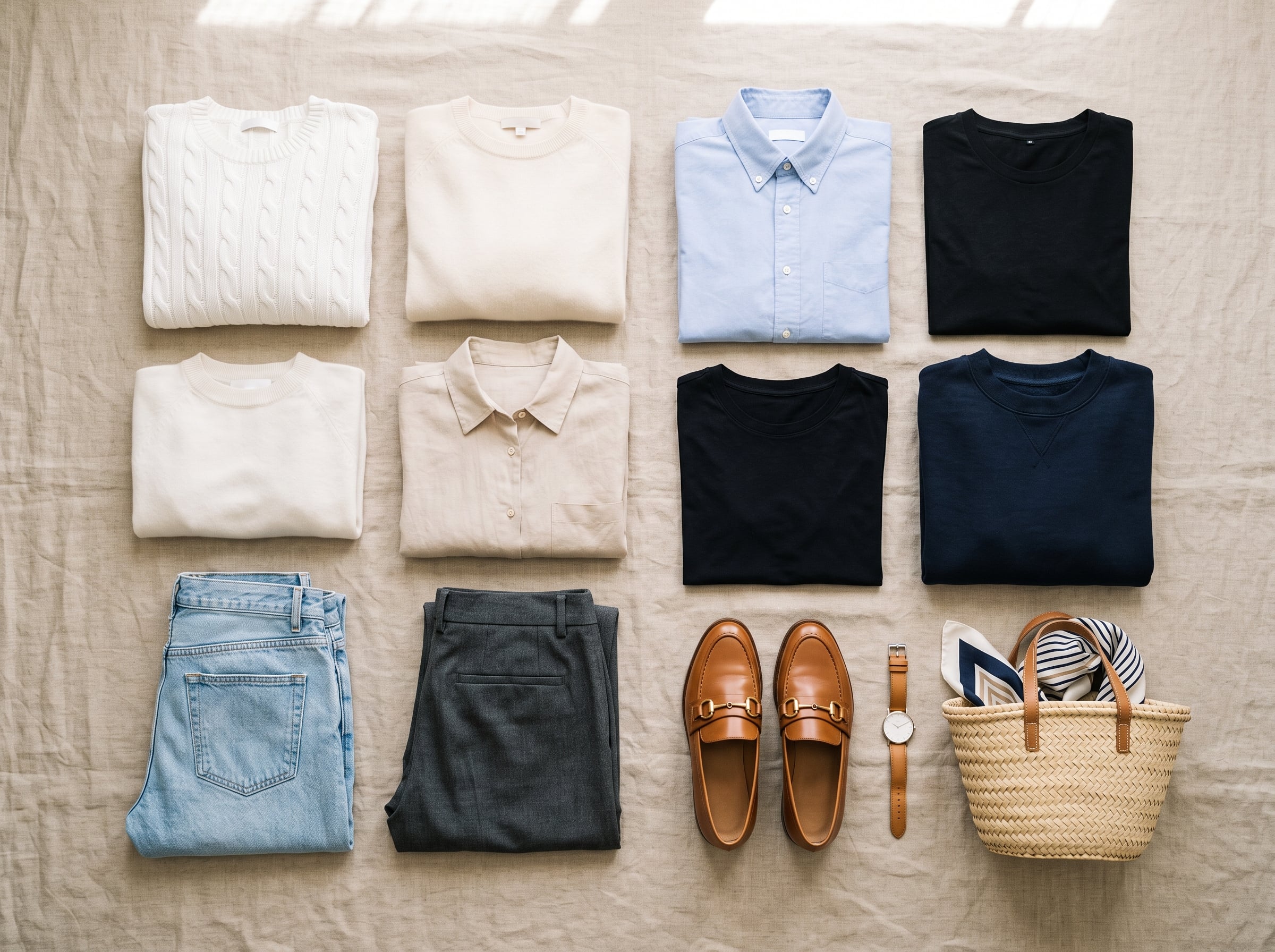 Overhead flat-lay of a neatly folded capsule wardrobe