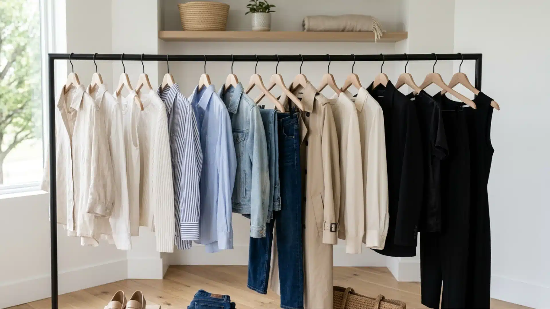 A minimalist clothing rack with a neatly organized capsule wardrobe